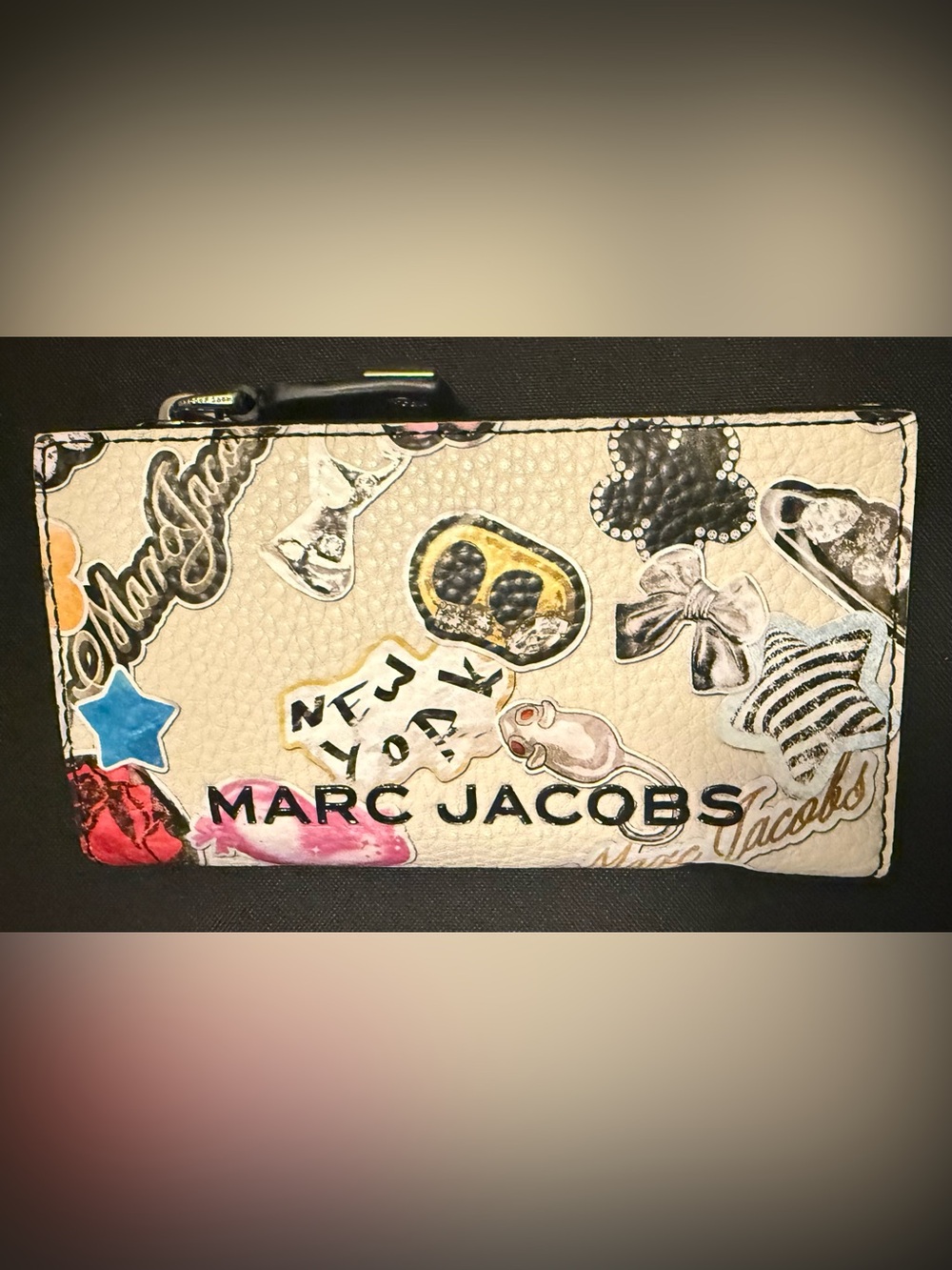 Marc Jacobs Beige Pebbled Leather Card Case with Colorful Sticker Motifs